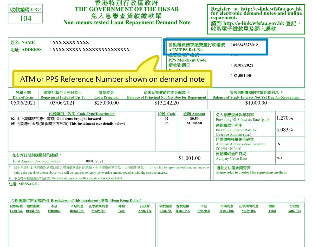 ATM or PPS Reference Number shown on demand note