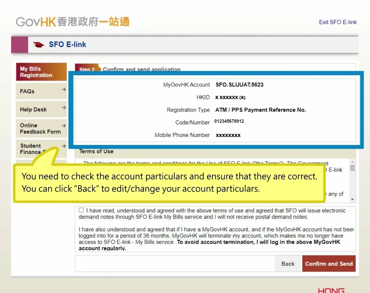 You need to check the account particulars and ensure that they are correct. You can click “Back” to edit/change your account particulars.